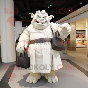 White Ogre mascot costume character dressed with a Pleated Skirt and Handbags