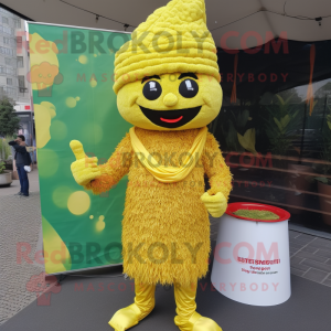 Lemon Yellow Biryani mascot costume character dressed with a Playsuit and Cummerbunds