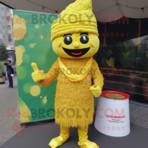 Lemon Yellow Biryani mascot costume character dressed with a Playsuit and Cummerbunds