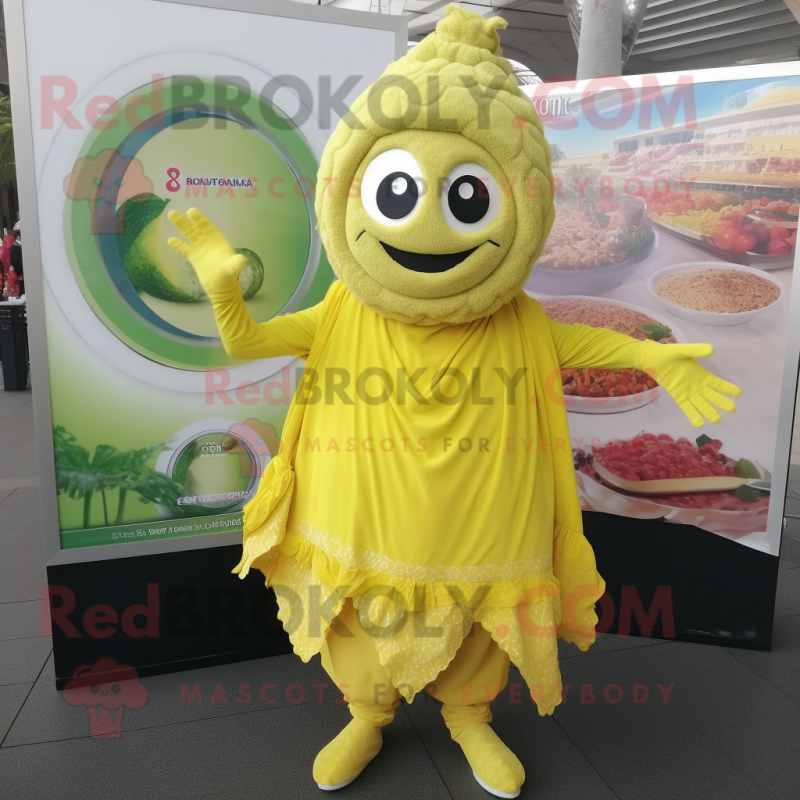 Lemon Yellow Biryani mascot costume character dressed with a Playsuit and Cummerbunds