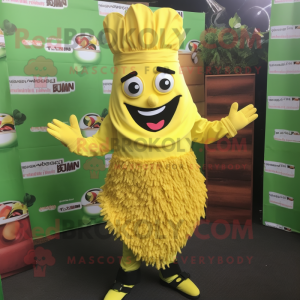 Lemon Yellow Biryani mascot costume character dressed with a Playsuit and Cummerbunds