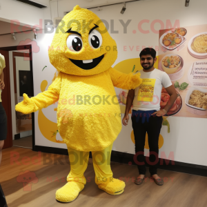 Lemon Yellow Biryani mascot costume character dressed with a Playsuit and Cummerbunds