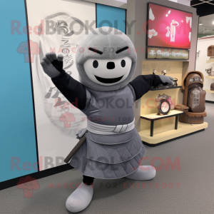 Gray Ninja mascot costume character dressed with a A-Line Skirt and Clutch bags