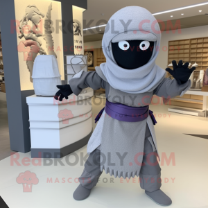 Gray Ninja mascot costume character dressed with a A-Line Skirt and Clutch bags