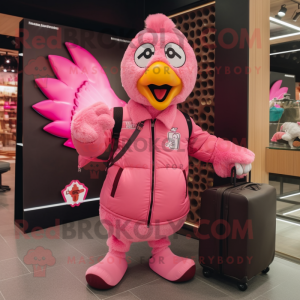 Pink Chicken mascot costume character dressed with a Bomber Jacket and Tote bags