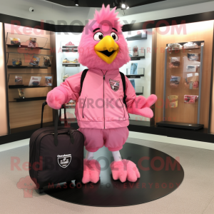 Pink Chicken mascot costume character dressed with a Bomber Jacket and Tote bags