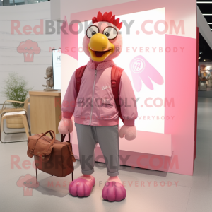 Pink Chicken mascot costume character dressed with a Bomber Jacket and Tote bags