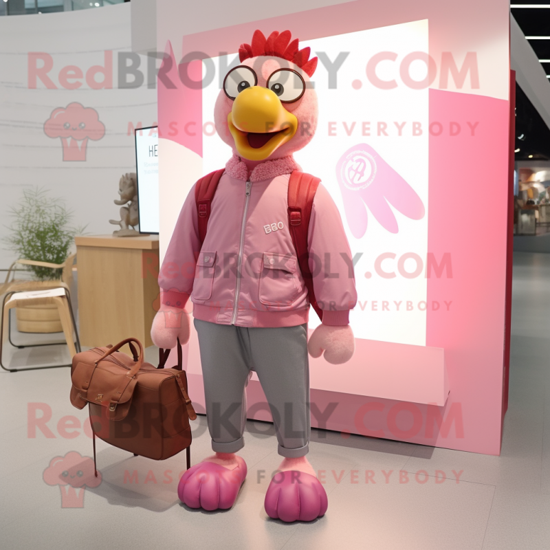 Pink Chicken mascot costume character dressed with a Bomber Jacket and Tote bags Pink Chicken mascot costume character dressed with a Bomber Jacket and Tote bags