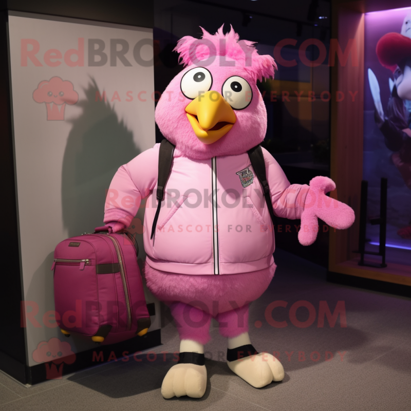 Pink Chicken mascot costume character dressed with a Bomber Jacket and Tote bags