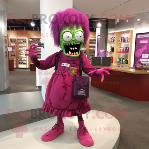 Magenta Zombie mascot costume character dressed with a Shift Dress and Clutch bags