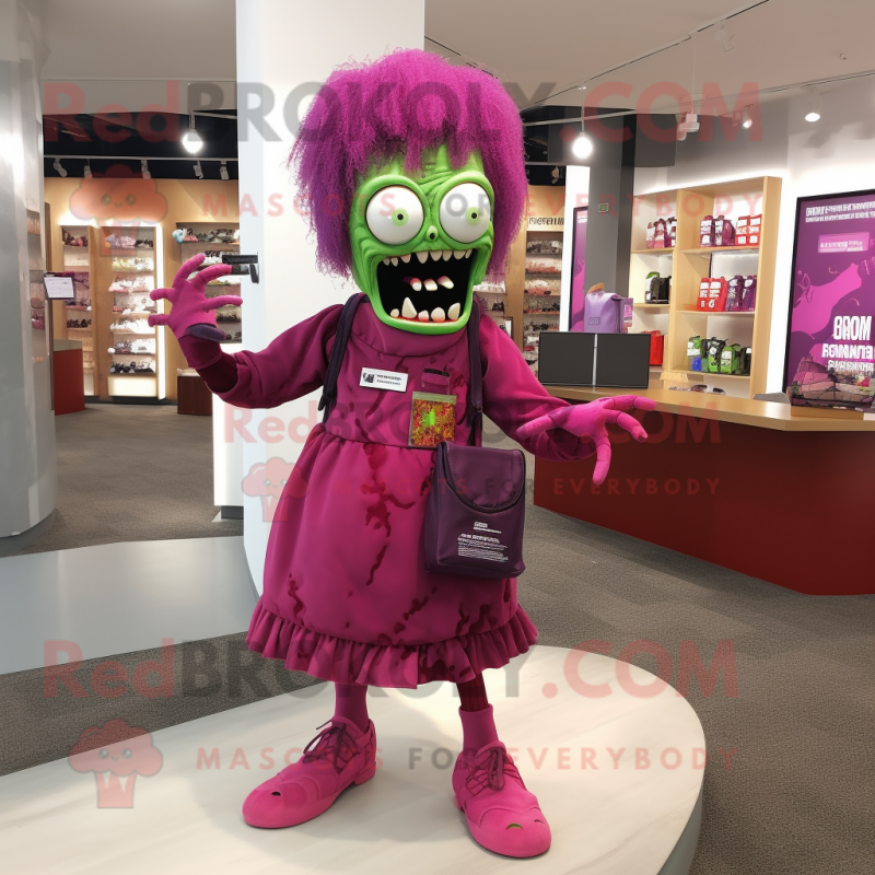 Magenta Zombie mascot costume character dressed with a Shift Dress and Clutch bags