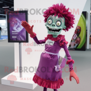 Magenta Zombie mascot costume character dressed with a Shift Dress and Clutch bags