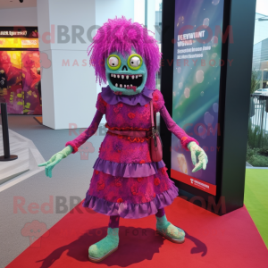 Magenta Zombie mascot costume character dressed with a Shift Dress and Clutch bags