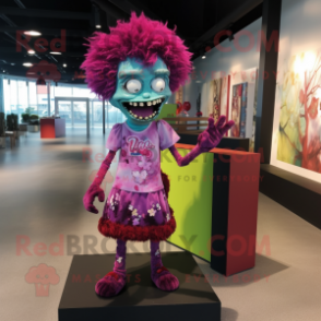 Magenta Zombie mascot costume character dressed with a Shift Dress and Clutch bags