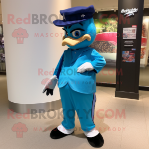 Teal Blue Jay mascot costume character dressed with a Dress Pants and Hats