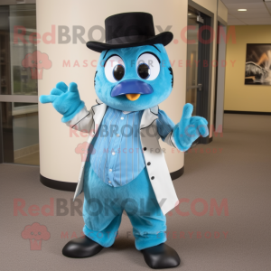 Teal Blue Jay mascot costume character dressed with a Dress Pants and Hats
