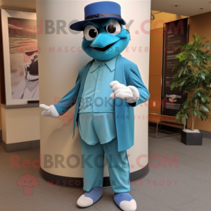 Teal Blue Jay mascot costume character dressed with a Dress Pants and Hats