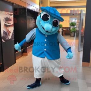 Teal Blue Jay mascot costume character dressed with a Dress Pants and Hats