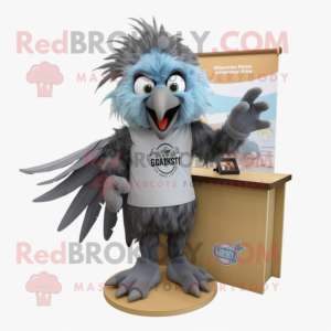 Gray Harpy mascot costume character dressed with a Chambray Shirt and Shoe clips