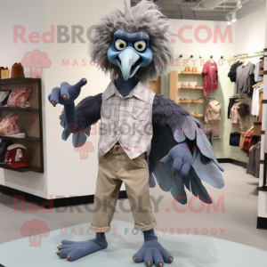 Gray Harpy mascot costume character dressed with a Chambray Shirt and Shoe clips