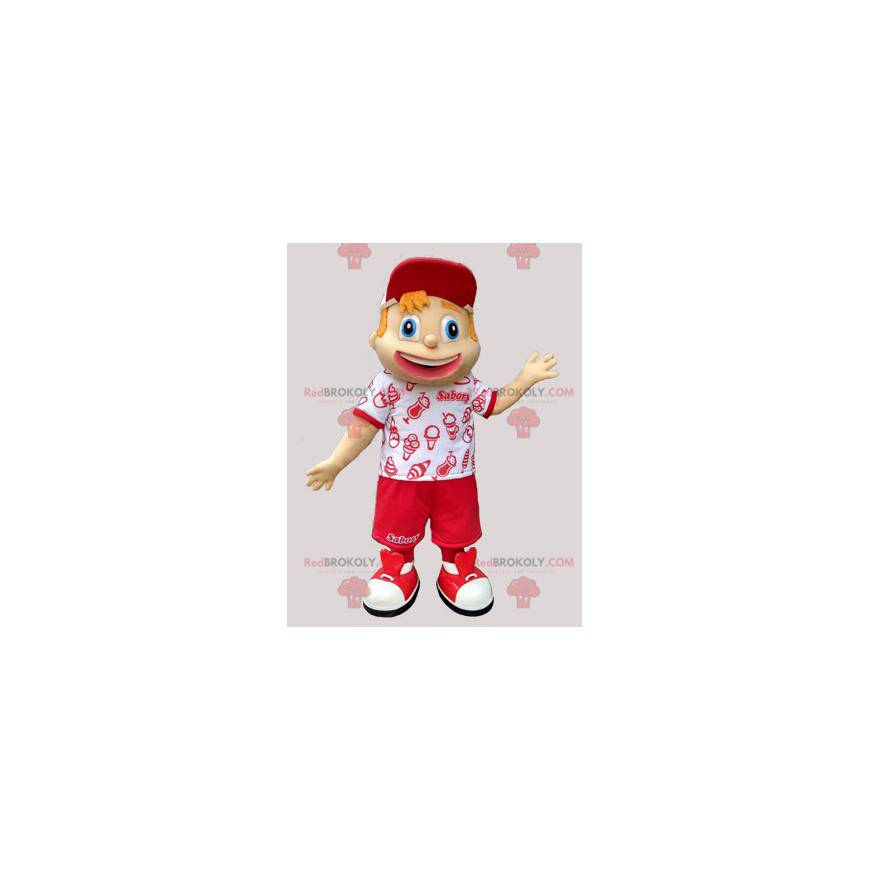 Mascotte de jeune garçon en tenue de vacancier rouge et blanche