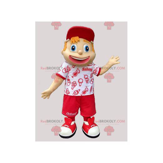Mascotte de jeune garçon en tenue de vacancier rouge et blanche
