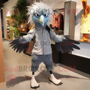 Gray Harpy mascot costume character dressed with a Chambray Shirt and Shoe clips