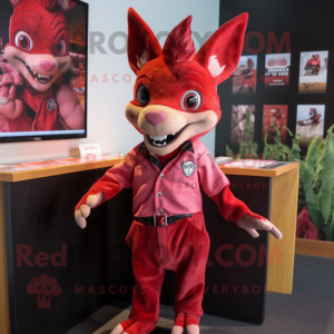 Red Chupacabra mascot costume character dressed with a Blouse and Lapel pins