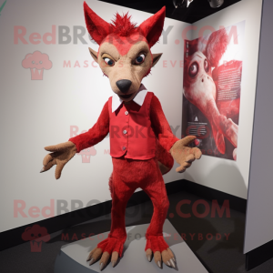 Red Chupacabra mascot costume character dressed with a Blouse and Lapel pins