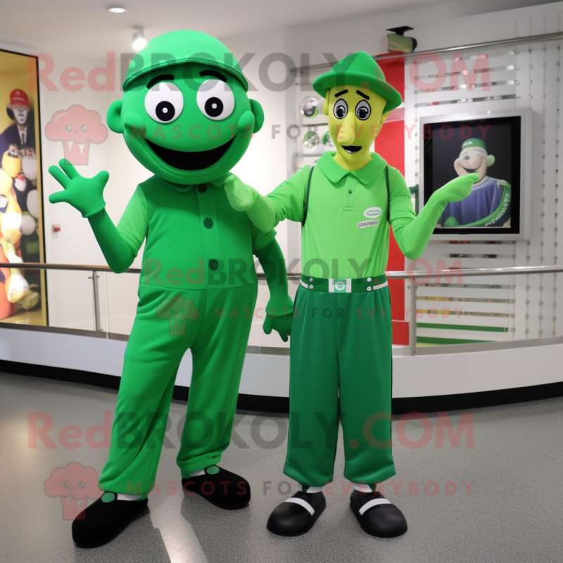 Green Mime mascot costume character dressed with a Jumpsuit and Caps Green Mime mascot costume character dressed with a Jumpsuit and Caps