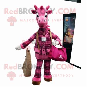 Magenta Giraffe mascot costume character dressed with a Flannel Shirt and Messenger bags