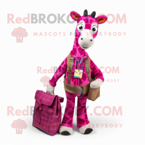 Magenta Giraffe mascot costume character dressed with a Flannel Shirt and Messenger bags
