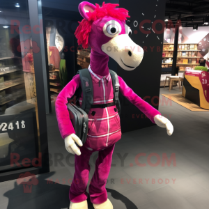 Magenta Giraffe mascot costume character dressed with a Flannel Shirt and Messenger bags