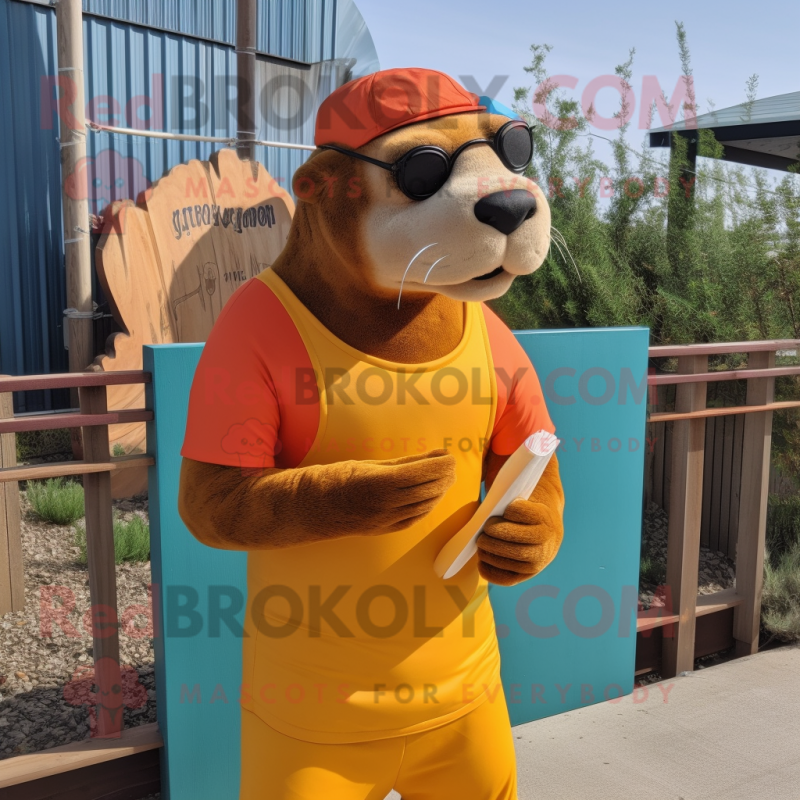 Rust Sea Lion mascot costume character dressed with a Joggers and Reading glasses Rust Sea Lion mascot costume character dressed with a Joggers and Reading glasses