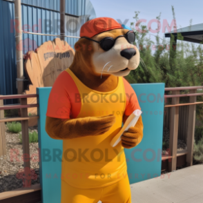 Rust Sea Lion mascot costume character dressed with a Joggers and Reading glasses