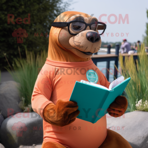 Rust Sea Lion mascot costume character dressed with a Joggers and Reading glasses