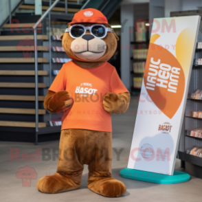 Rust Sea Lion mascot costume character dressed with a Joggers and Reading glasses