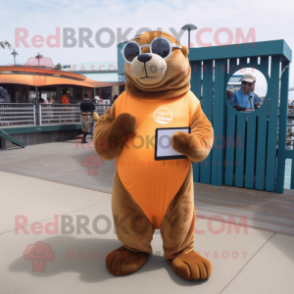 Rust Sea Lion mascot costume character dressed with a Joggers and Reading glasses