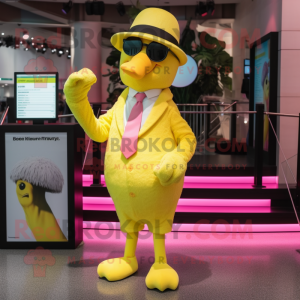 Lemon Yellow Flamingo mascot costume character dressed with a Suit and Beanies