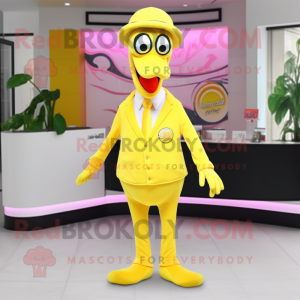 Lemon Yellow Flamingo mascot costume character dressed with a Suit and Beanies