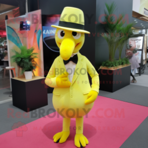 Lemon Yellow Flamingo mascot costume character dressed with a Suit and Beanies