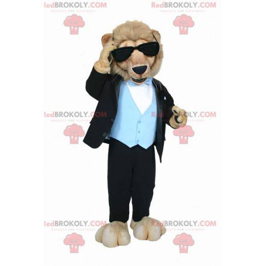 Mascotte leone vestito con un costume molto elegante -