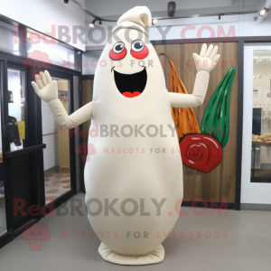 Cream Pepper mascot costume character dressed with a Sheath Dress and Rings