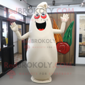 Cream Pepper mascot costume character dressed with a Sheath Dress and Rings