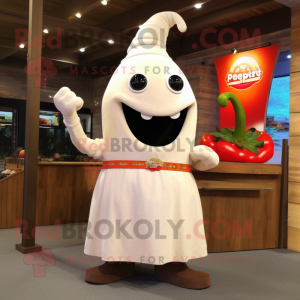 Cream Pepper mascot costume character dressed with a Sheath Dress and Rings