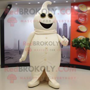 Cream Pepper mascot costume character dressed with a Sheath Dress and Rings