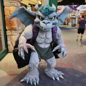 Silver Gargoyle mascot costume character dressed with a Bermuda Shorts and Backpacks