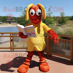 Gold Lobster Bisque mascot costume character dressed with a Corduroy Pants and Reading glasses