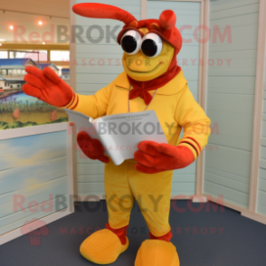 Gold Lobster Bisque mascot costume character dressed with a Corduroy Pants and Reading glasses