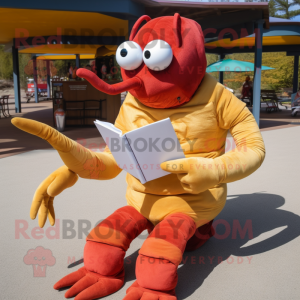 Gold Lobster Bisque mascot costume character dressed with a Corduroy Pants and Reading glasses